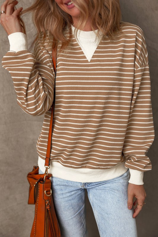 Women’s Stripes Round Neck Patched Edge Long Sleeve Top | Zarnesh