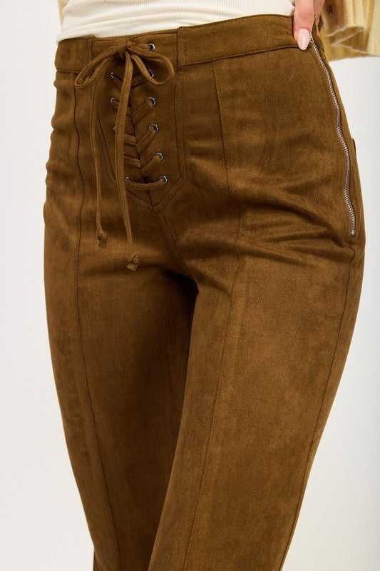 Women’s Suede Back Patch Pockets Lace-Up Front Flared Pants | Zarnesh
