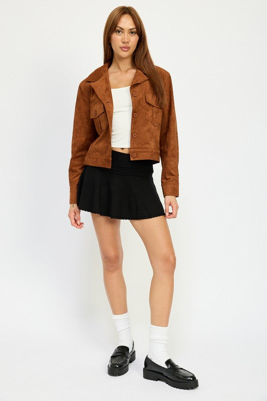 Women’s Suede Button-Up Cropped Coat Pockets Jacket | Zarnesh
