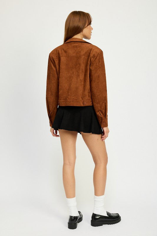 Women’s Suede Button-Up Cropped Coat Pockets Jacket | Zarnesh