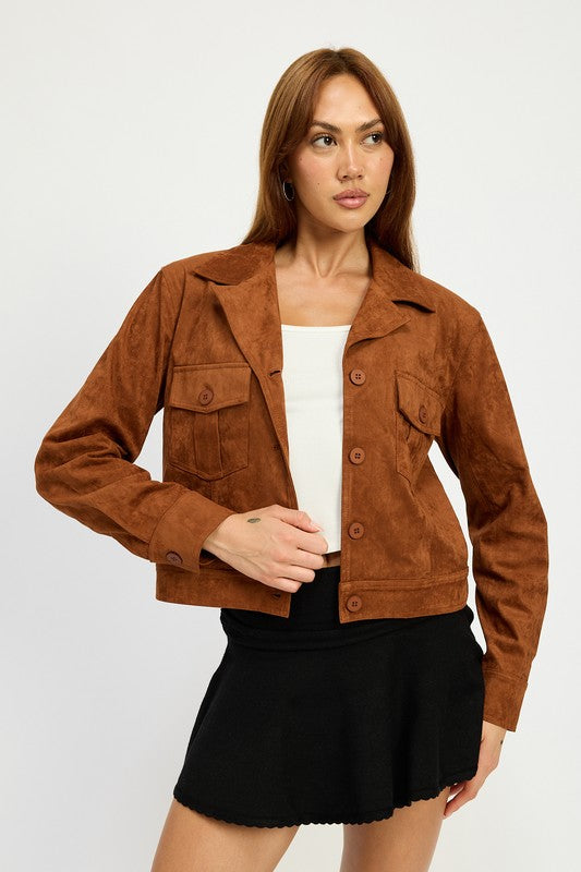 Women’s Suede Button-Up Cropped Coat Pockets Jacket | Zarnesh