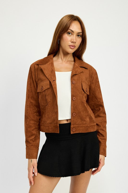 Women’s Suede Button-Up Cropped Coat Pockets Jacket | Zarnesh