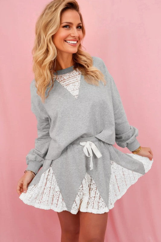 Women’s Sweatshirt Patchwork Lace Drawstring Skort Set | Zarnesh