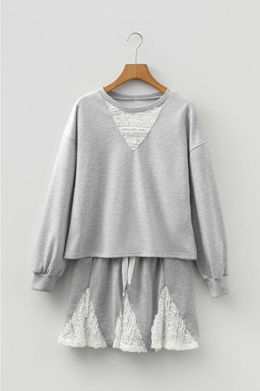 Women’s Sweatshirt Patchwork Lace Drawstring Skort Set | Zarnesh