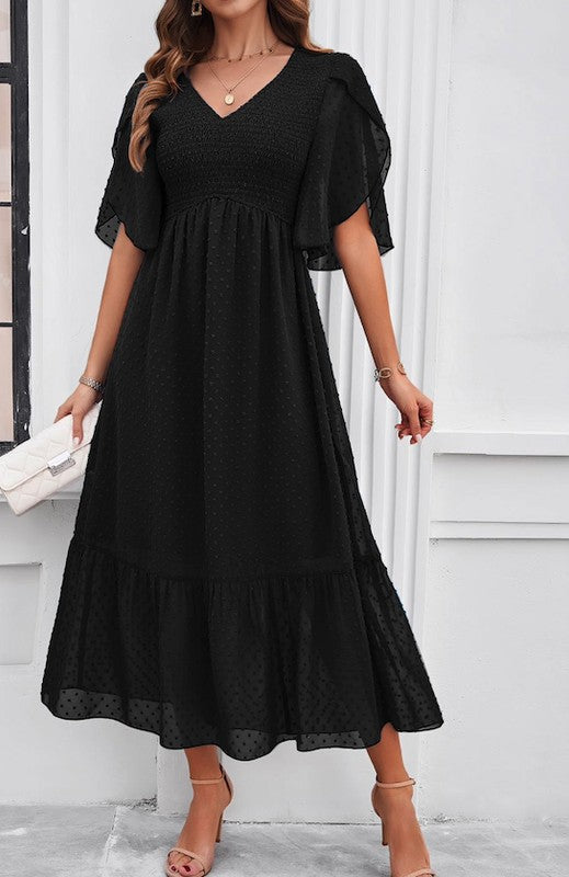 Women’s Swiss Dot Smocked Ruffle Midi Dress | Zarnesh
