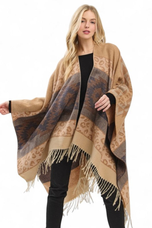 Women's Aztec Pattern Fringe Ruana Cardigan Warp Scarf | Zarnesh