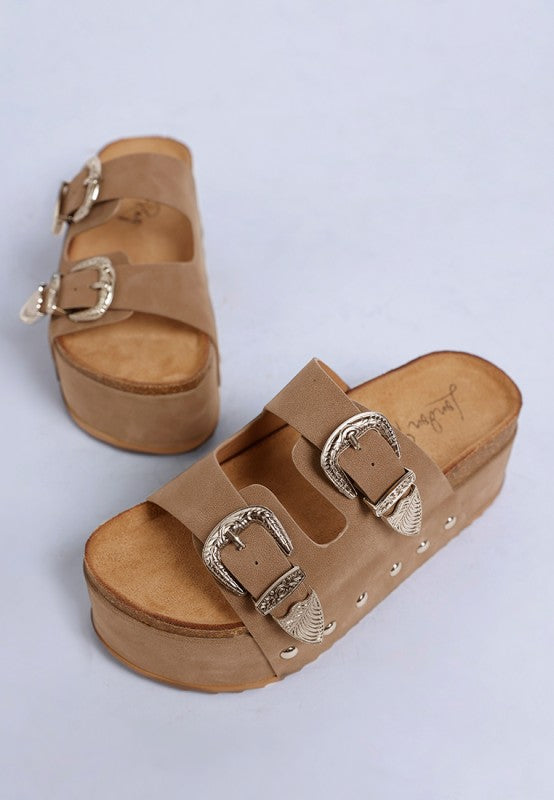 Women’s Zaphod Double Buckle Faux Leather Flatform Slip Ons | Zarnesh