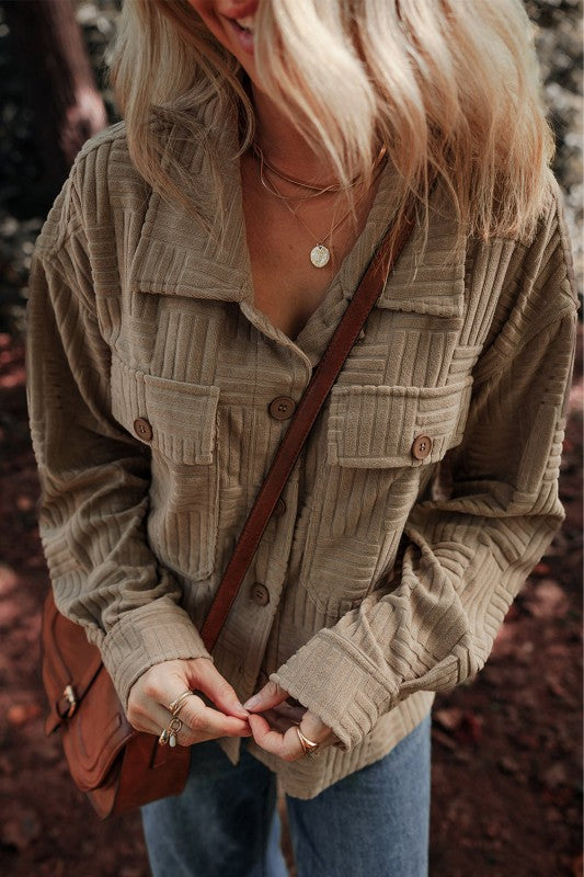 Women’s Textured Corduroy Button-Up Pocketed Shacket | Zarnesh