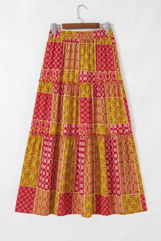 Women’s Tiered Paisley Ruffle A-Line Pocketed Maxi Skirt | Zarnesh