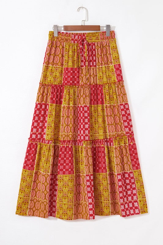 Women’s Tiered Paisley Ruffle A-Line Pocketed Maxi Skirt | Zarnesh