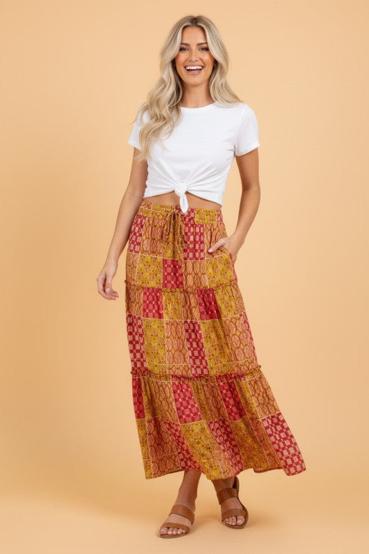 Women’s Tiered Paisley Ruffle A-Line Pocketed Maxi Skirt | Zarnesh