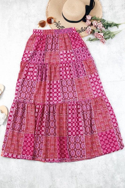 Women’s Tiered Paisley Ruffle A-Line Pocketed Maxi Skirt | Zarnesh