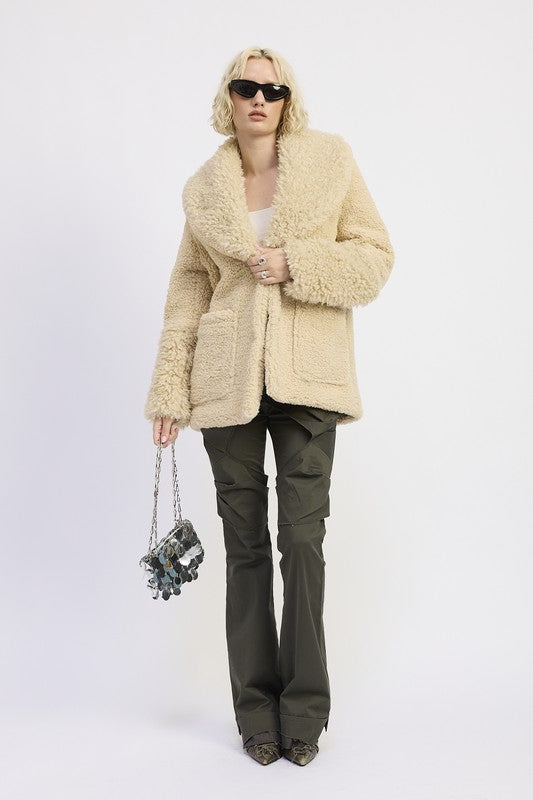 Women's Trimmed Shawl Collar Fleece Jacket With Pockets | Zarnesh