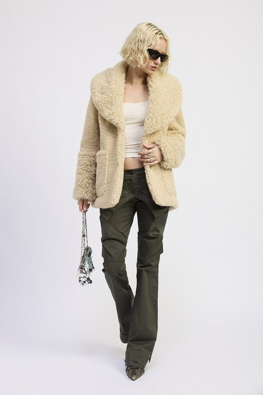 Women's Trimmed Shawl Collar Fleece Jacket With Pockets | Zarnesh