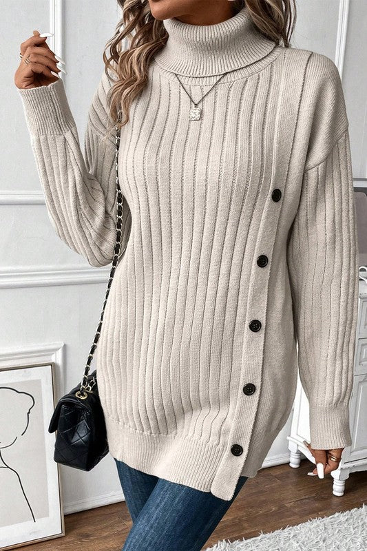 Women’s Turtle Neck Button Down Decor Pullover Sweater | Zarnesh