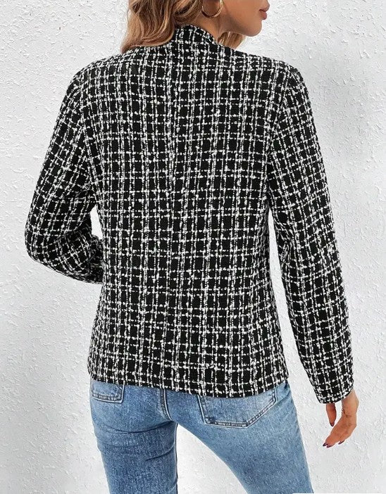 Women’s Tweed Plaid Button-Up Open Front Blazer Jacket | Zarnesh