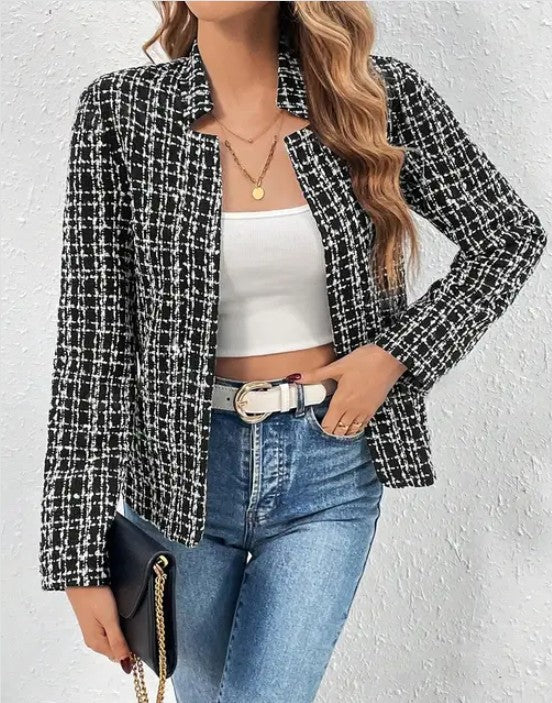 Women’s Tweed Plaid Button-Up Open Front Blazer Jacket | Zarnesh