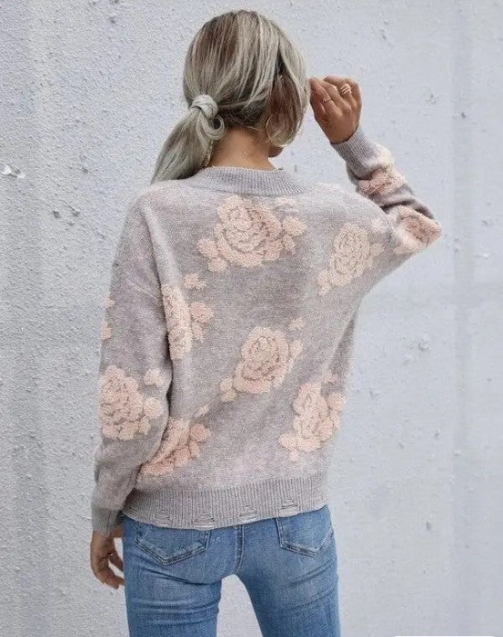 Women’s V-Neck Floral Pink Rose Sweater | Zarnesh