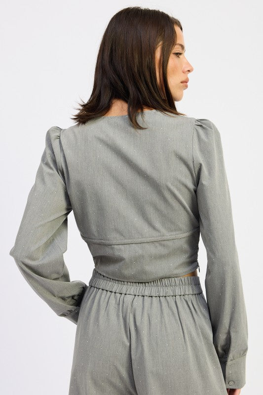 Women’s V-Neck Tie Front Blouse Crop Top Long Sleeves | Zarnesh