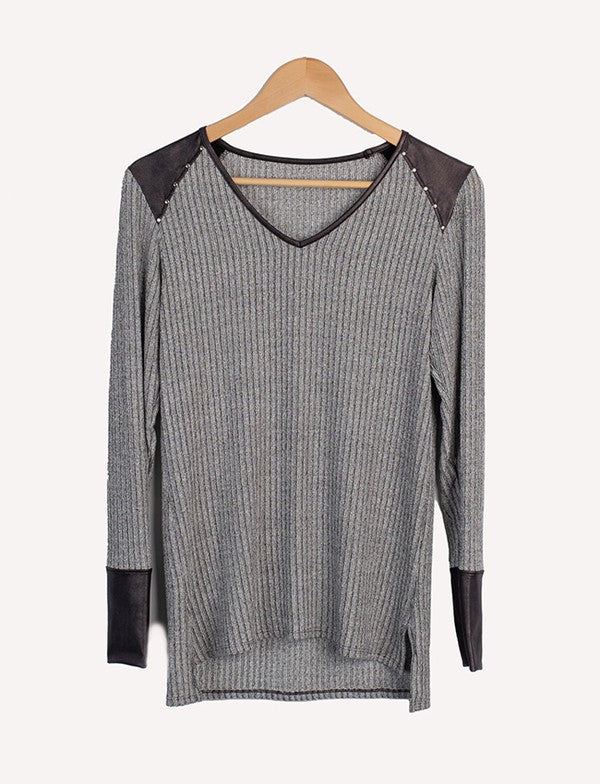 Women’s V-Neck Sweatshirt with Faux Leather | Zarnesh