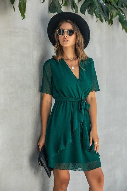 Women’s V Neck Polka Dot Short Sleeve Ruffled Hem Wrap Dress | Zarnesh