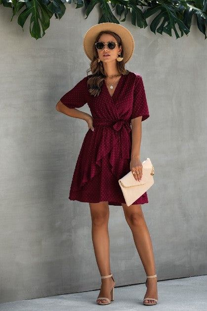 Women’s V Neck Polka Dot Short Sleeve Ruffled Hem Wrap Dress | Zarnesh