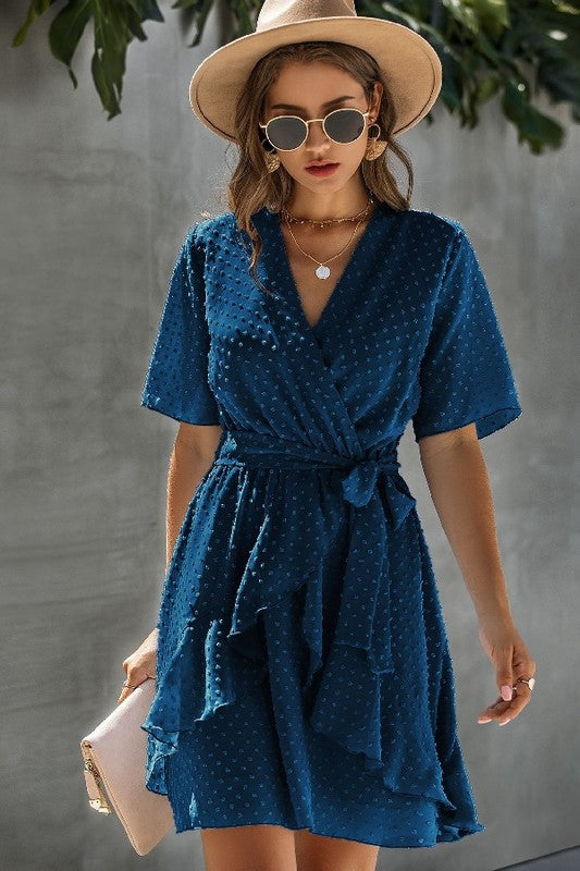 Women’s V Neck Polka Dot Short Sleeve Ruffled Hem Wrap Dress | Zarnesh