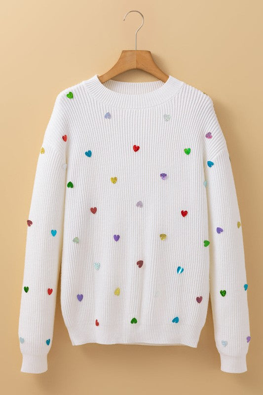 Women’s Valentine Heart Knit Sequin Ribbed Crew Neck Sweater | Zarnesh
