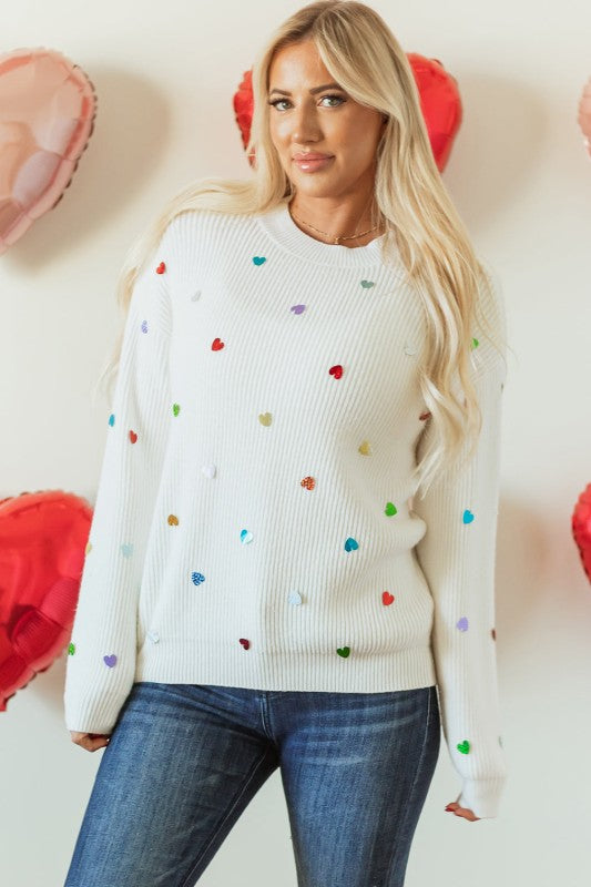 Women’s Valentine Heart Knit Sequin Ribbed Crew Neck Sweater | Zarnesh