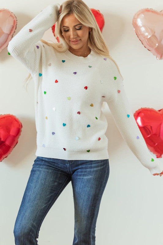 Women’s Valentine Heart Knit Sequin Ribbed Crew Neck Sweater | Zarnesh