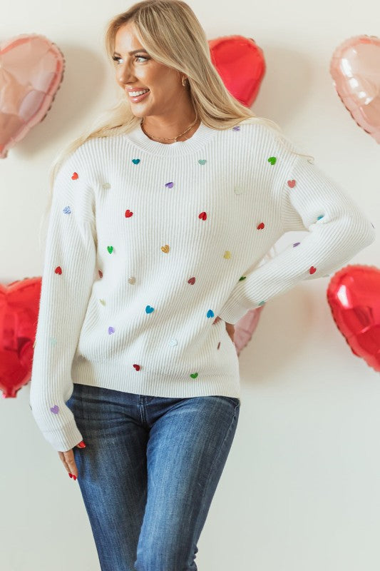 Women’s Valentine Heart Knit Sequin Ribbed Crew Neck Sweater | Zarnesh