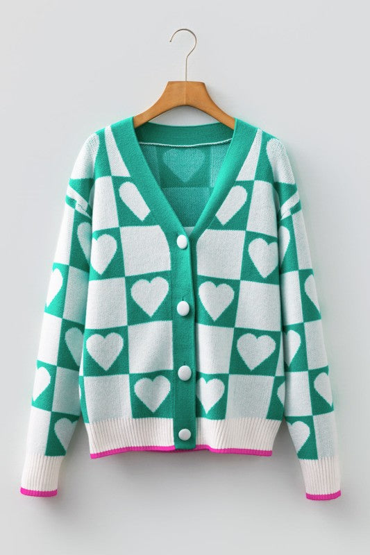 Women’s Valentines Heart Checkered Button V-Neck Cardigan | Zarnesh