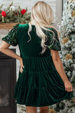 Women’s Velvet Puff Sleeve Sequin Tiered Mini Dress | Zarnesh