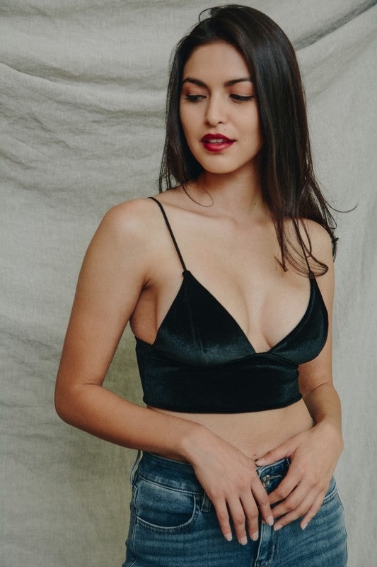 Women Velvet Adjustable Straps Cropped Longline Bralette Zarnesh