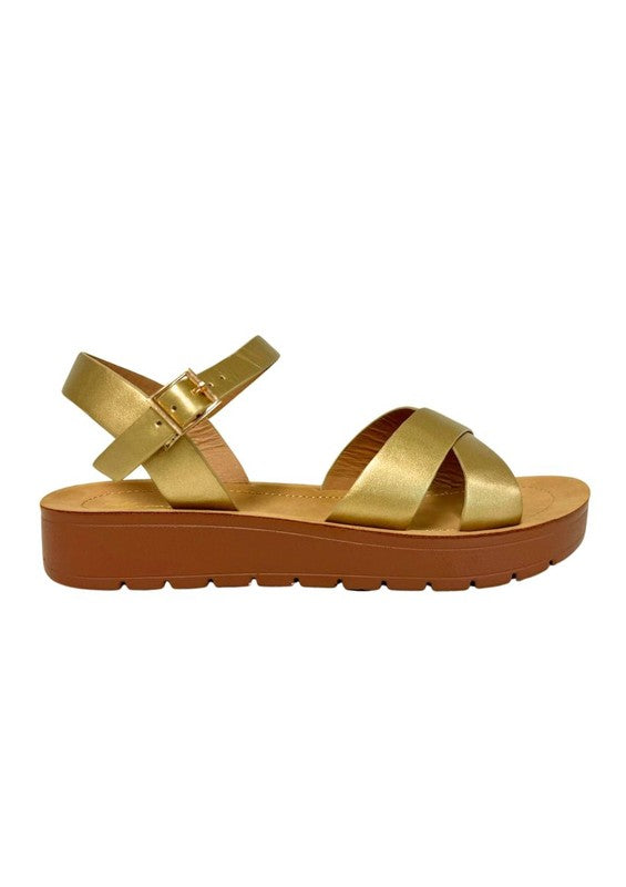 Women’s Vera Criss Cross Straps Metallic Flat Sandal | Zarnesh