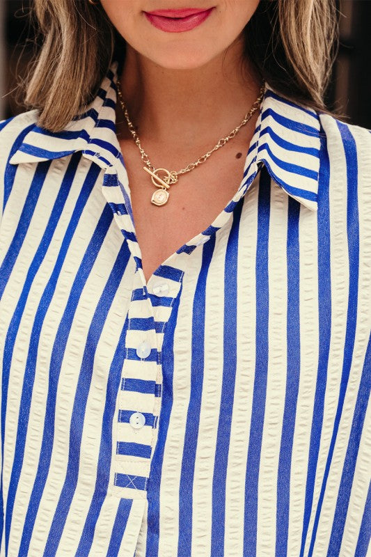 Women’s Vertical Stripe Collar Button Side Pockets Mini Dress | Zarnesh