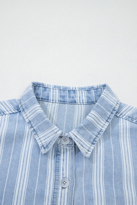 Women's Vertical Striped Denim Chest Pocket Shacket | Zarnesh