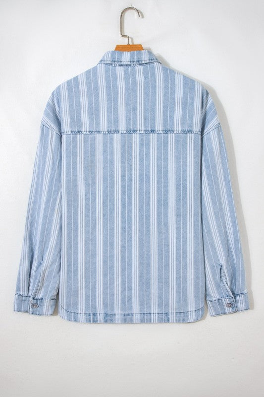 Women's Vertical Striped Denim Chest Pocket Shacket | Zarnesh