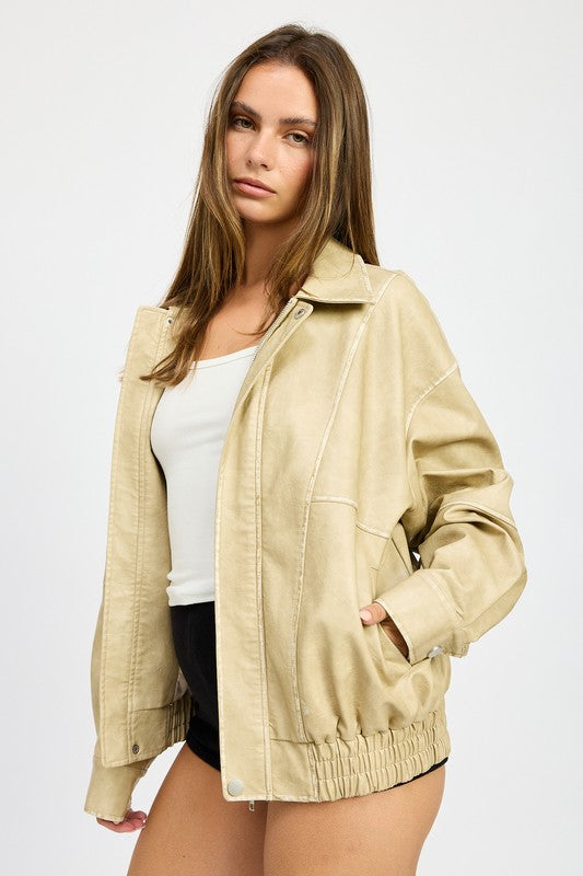 Women’s Vintage PU Oversized Bomber Jacket | Zarnesh