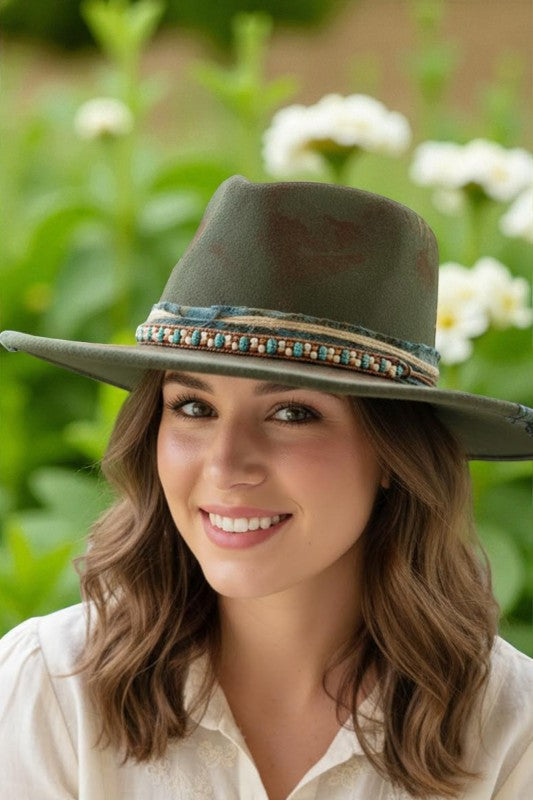 Women’s Vintage Olive Distressed Western Fedora Cowboy Hat | Zarnesh