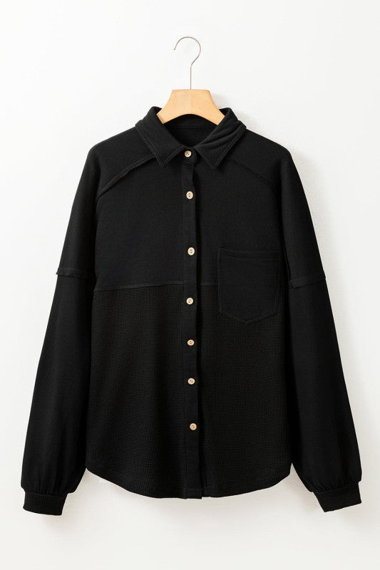 Women’s Waffle Knit Patchwork Button-Up Reverse Seam Shacket | Zarnesh