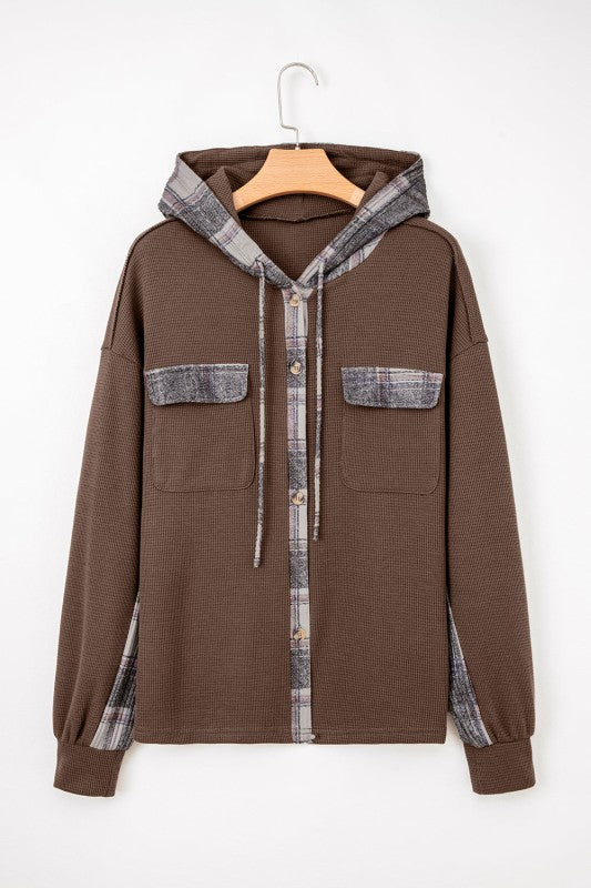 Women’s Waffle Patchwork Plaid Button-Up Hooded Shacket | Zarnesh