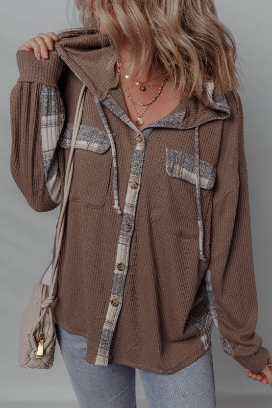 Women’s Waffle Patchwork Plaid Button-Up Hooded Shacket | Zarnesh