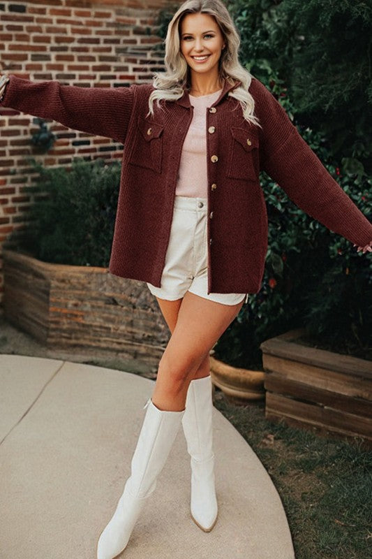 Women’s Waffle Ribbed Knit Button Up Flap Pocket Shacket | Zarnesh