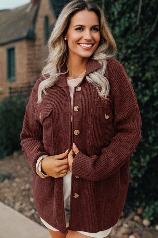 Women’s Waffle Ribbed Knit Button Up Flap Pocket Shacket | Zarnesh