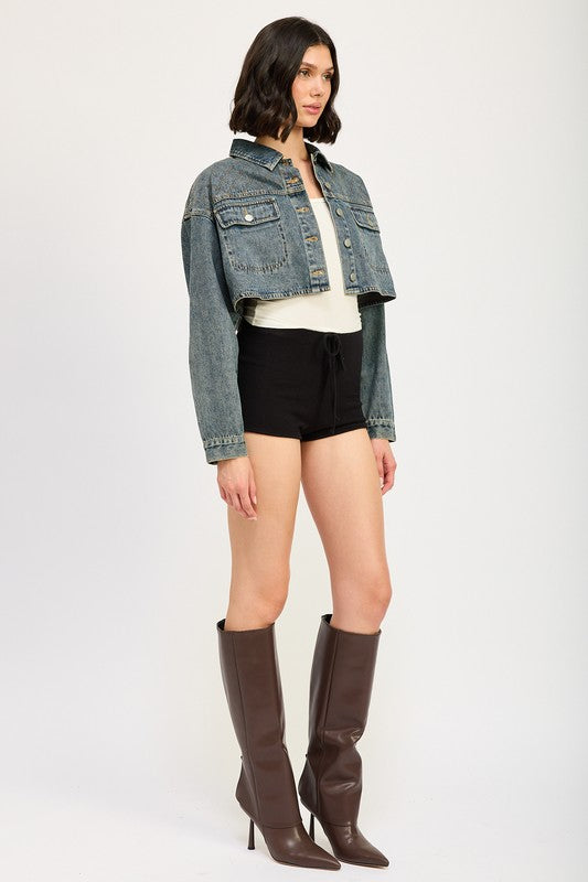 Women’s Embroidered Cropped Button Down Denim Jacket | Zarnesh