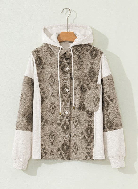 Women’s Western Aztec Print Hooded Colorblock Shacket | Zarnesh