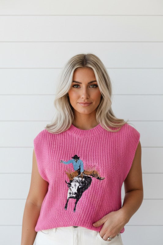 Women’s Western Bull Rider Embroidered Knit Round Neck Sweater | Zarnesh