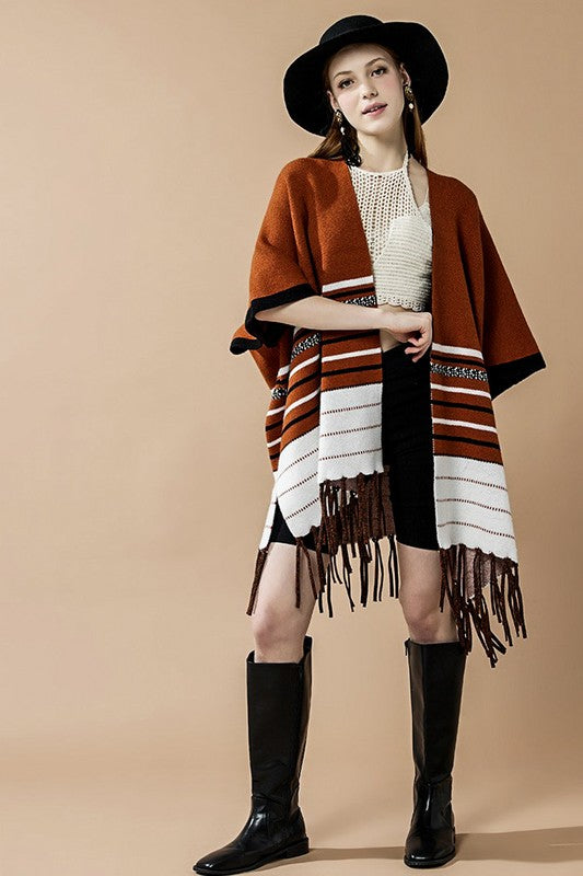 Women’s Western Ruana Fringe Striped Poncho Cardigan | Zarnesh