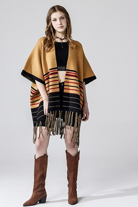 Women’s Western Ruana Fringe Striped Poncho Cardigan | Zarnesh